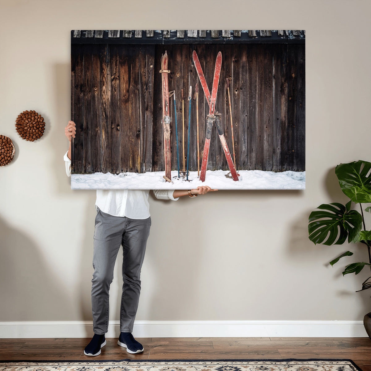 78590-MGV-CV-36X24 - Vintage Ski Gear Canvas Print, Vintage Ski Gear Against Wooden Cabin Wall