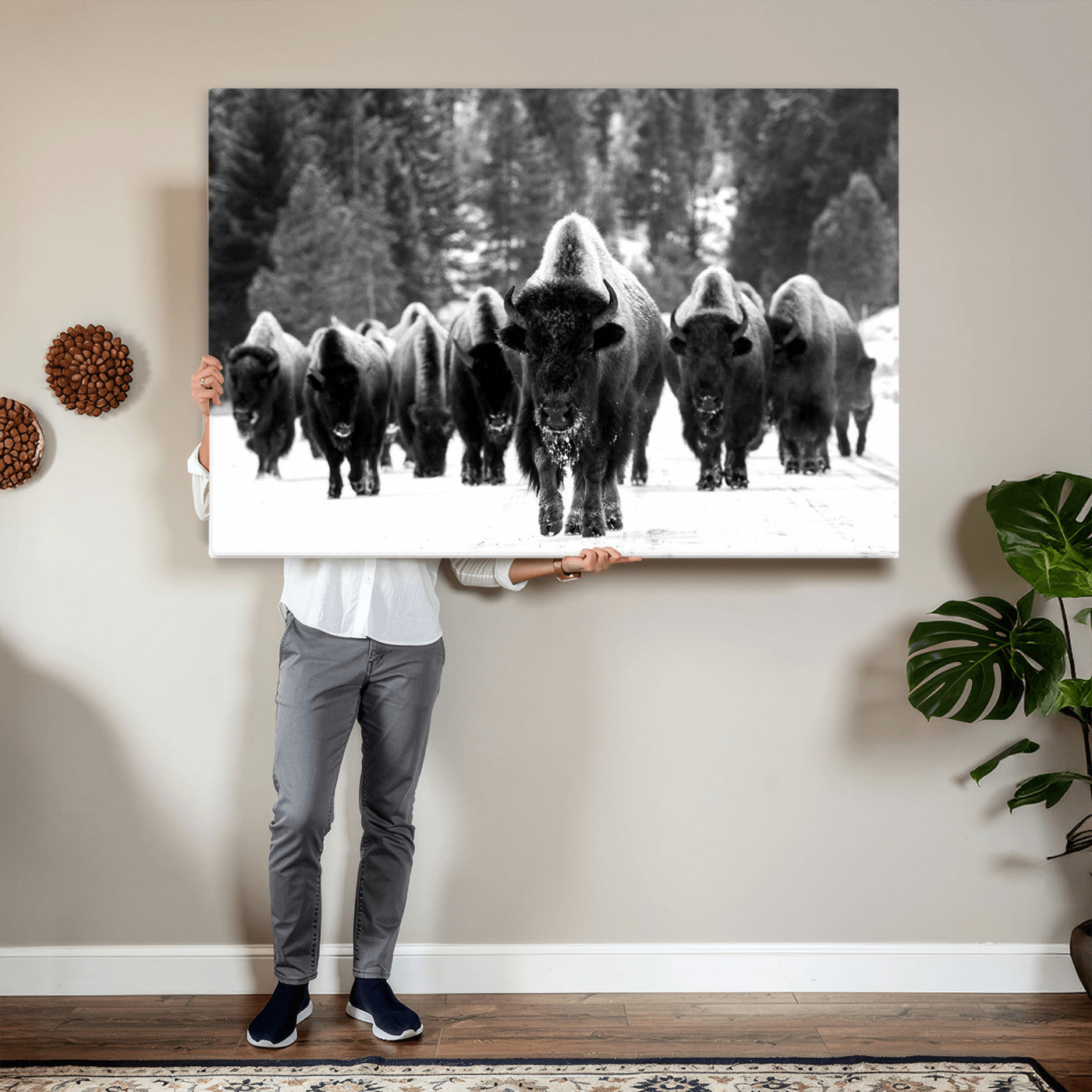 62434-MGV-CV-36X24 - Bison Herd in Snow Wall Art Canvas Print | Rustic Western Bison Wall Art for Decor for Living Room