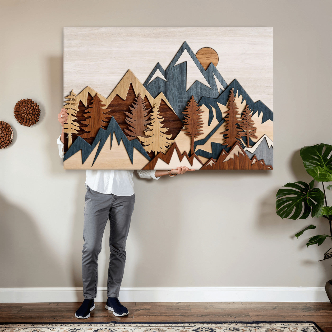 67950-MGV-CV-36X24 - Rustic Abstract Wood Panel Effect Canvas Mountain Range Top Wood Wall Art Canvas Print