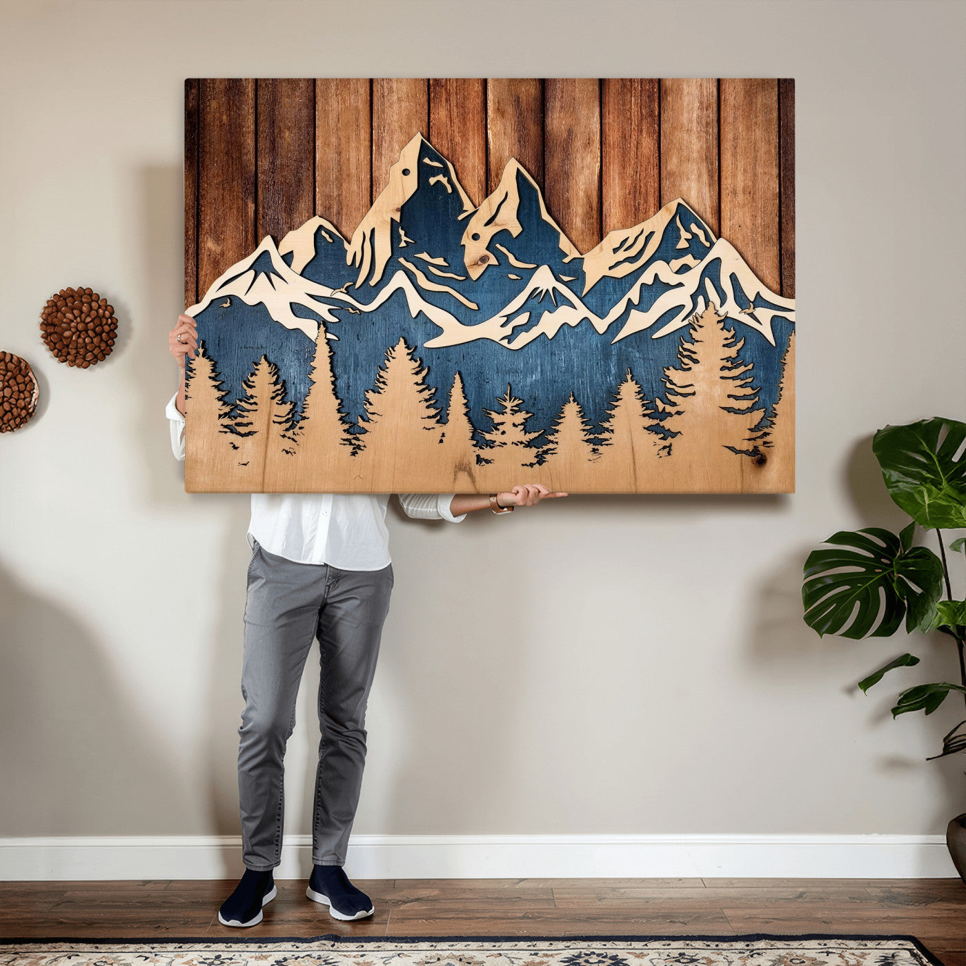41330-MGV-CV-36X24 - Rustic Wood Style Mountain Wall Art, Nature Forest Canvas Print, Wooden Textured Mountain Artwork Print