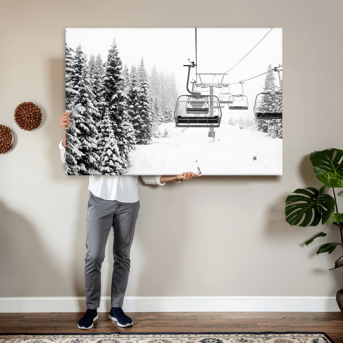 Winter Forest Wall Art Canvas Print | Framed Snowy Mountain with Ski Lift
