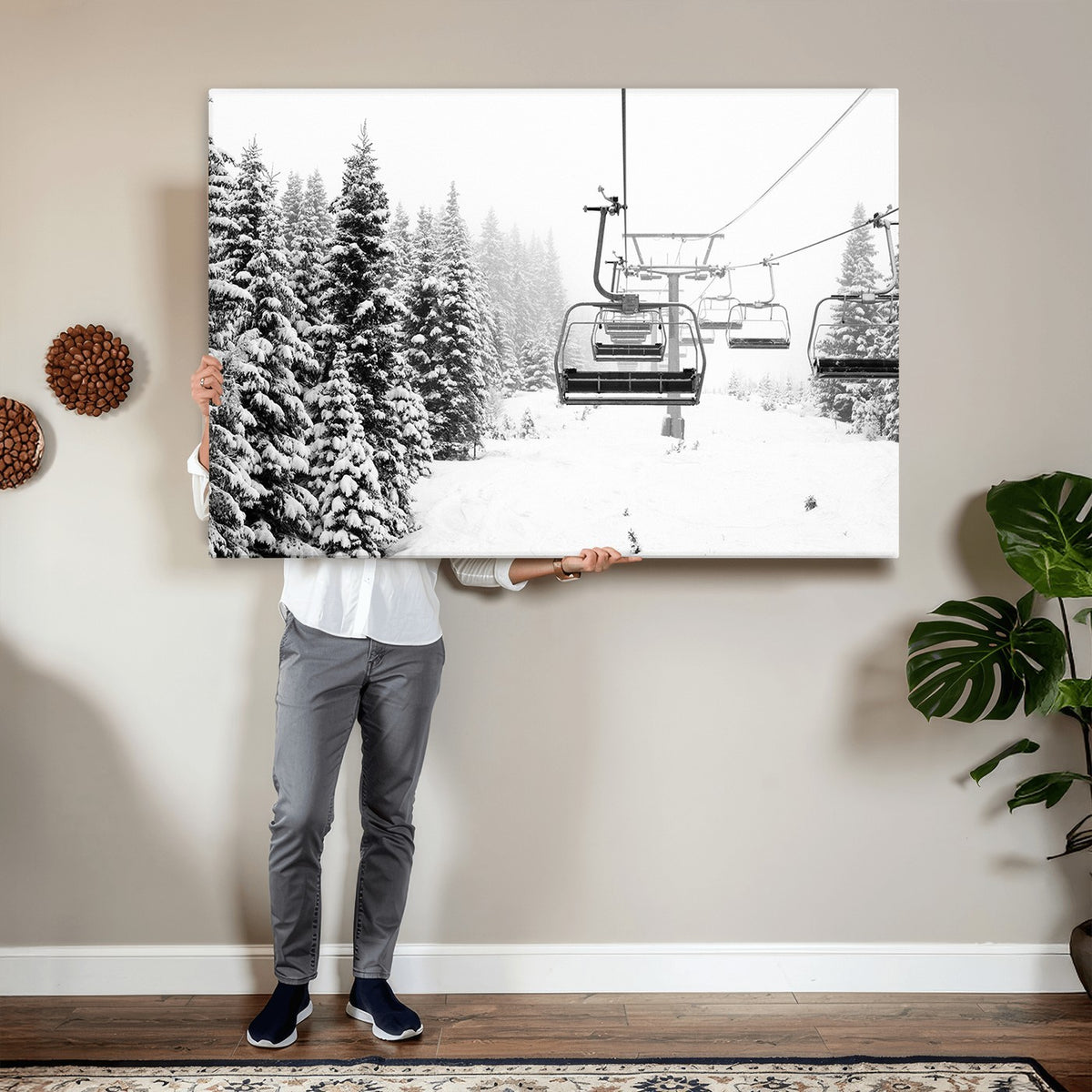 Ski Wall Art | Ski Lift Canvas Print with Snow Covered Spruce Trees, Winter Ski Resort Wall Art