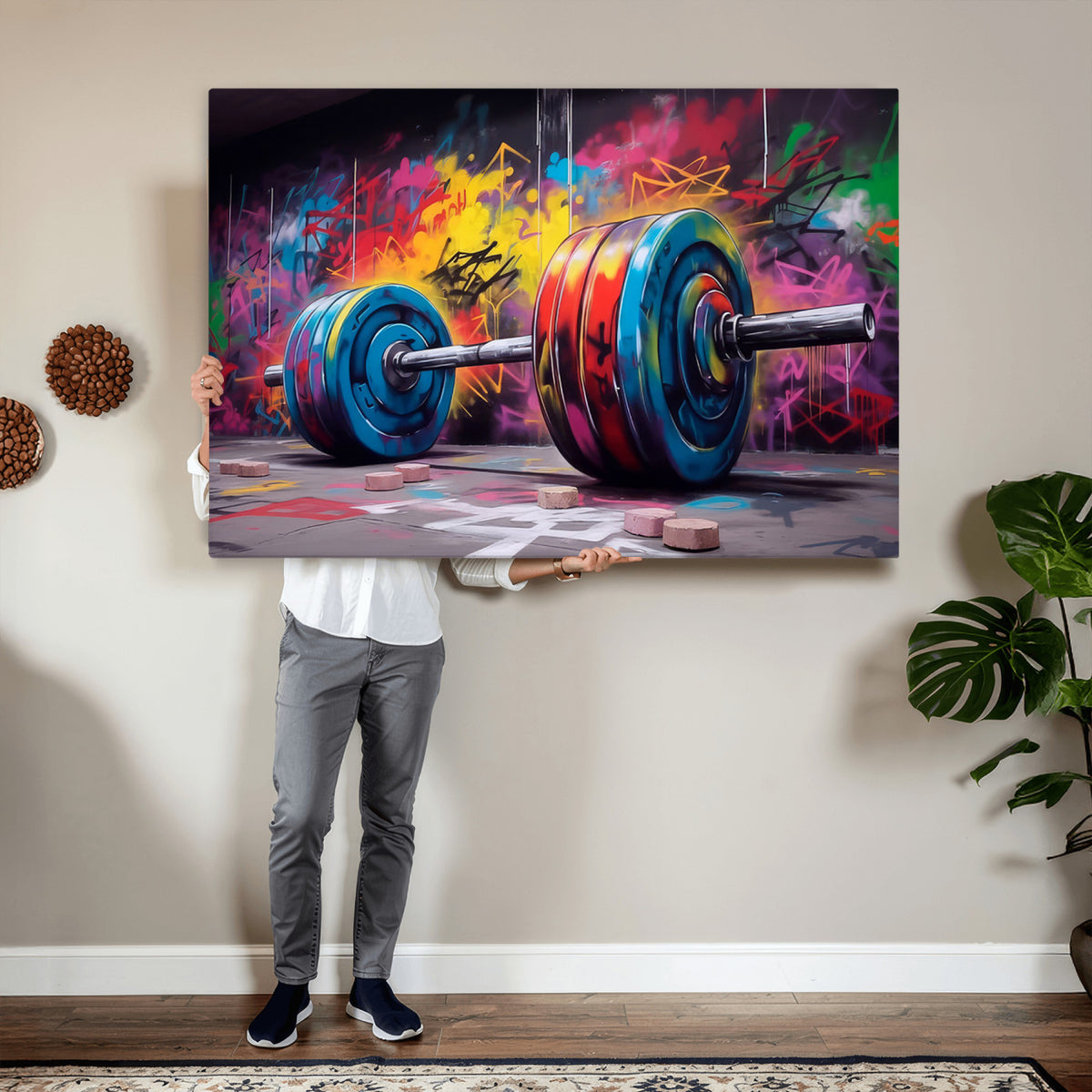 13549-MGV-CV-36X24 - Abstract Graffiti Barbell Canvas Wall Art | Urban Fitness Meets Bold Street Art