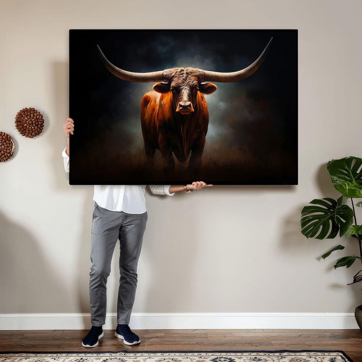 48896-MGV-CV-24X16 - Abstract Texas Longhorn Wall Art Print | 3-Panel Large Texas Longhorn Canvas