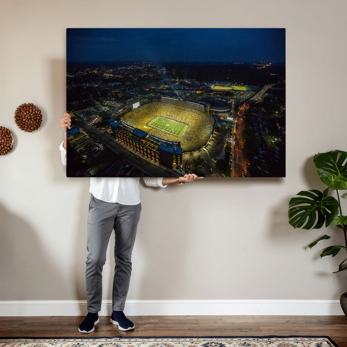 33588-MGV-CV-36X24 - Michigan Stadium Night Game Wall Art | Sports Arena Aerial View Canvas