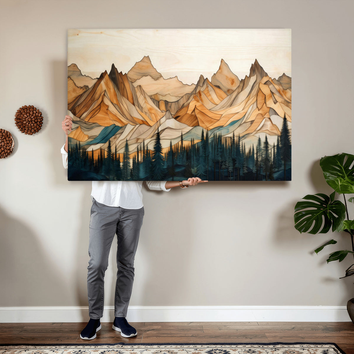 31576-PAN-FL-20X10 - Rustic Wood Mountain Wall Art Print | Triptych Giclee Print Featuring Handcrafted Forest and