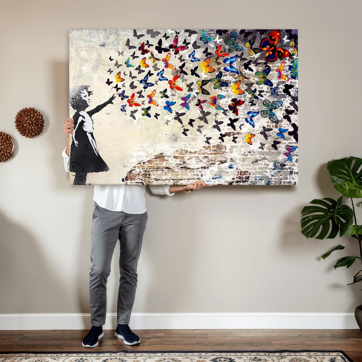 97895-MGV-CV-24X16 - Banksy Graffiti Wall Art Canvas Print, Girl Releasing Vibrant Butterflies