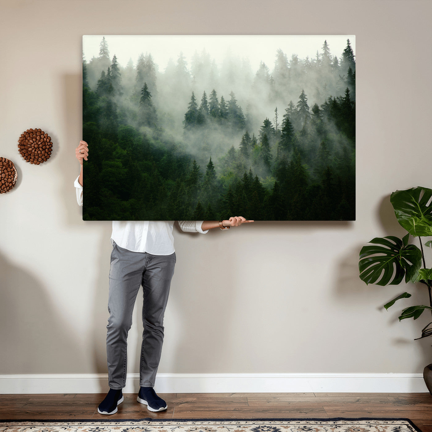 167720496-MGV-CV-36X24 - Misty Forest Mountain Wall Art Canvas  | Large 3-Panel Foggy Landscape Canvas Print | Nature Misty