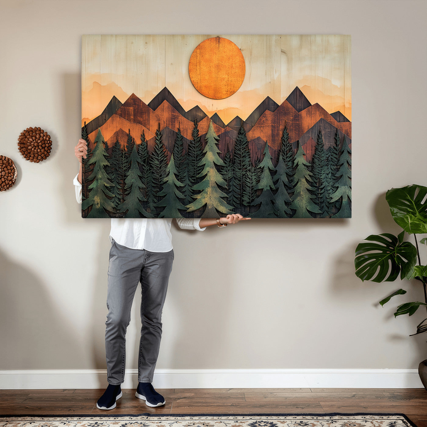 77739-MGV-CV-36X24 - Wood Style Sunset Mountain Landscape Canvas Wall Art Print - Nature Decor for Living Room, Office