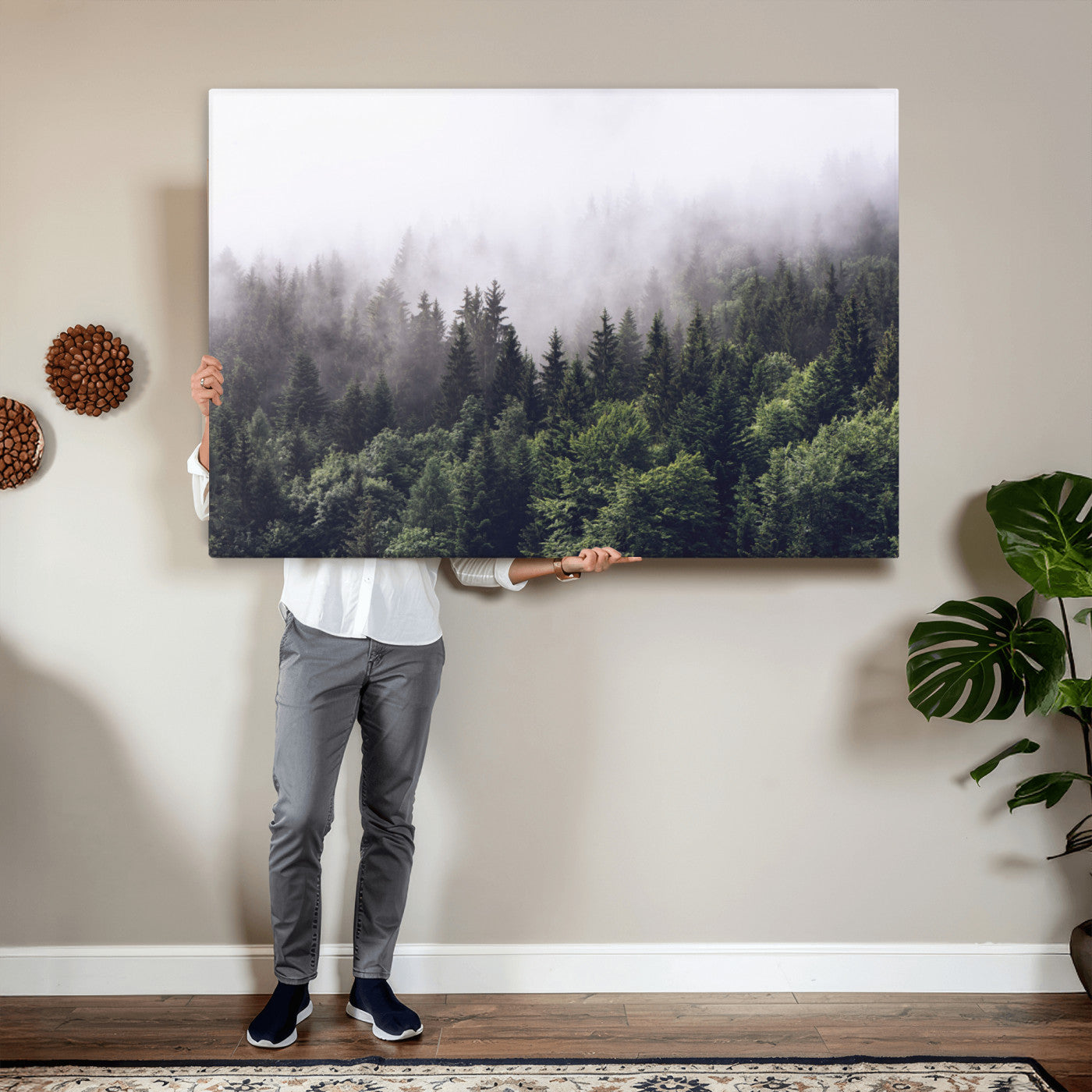 42578900-MGV-CV-36X24 - Misty Forest Wall Art | Foggy Forest Canvas Print | Large Nature-Inspired Misty Tree Landscape for