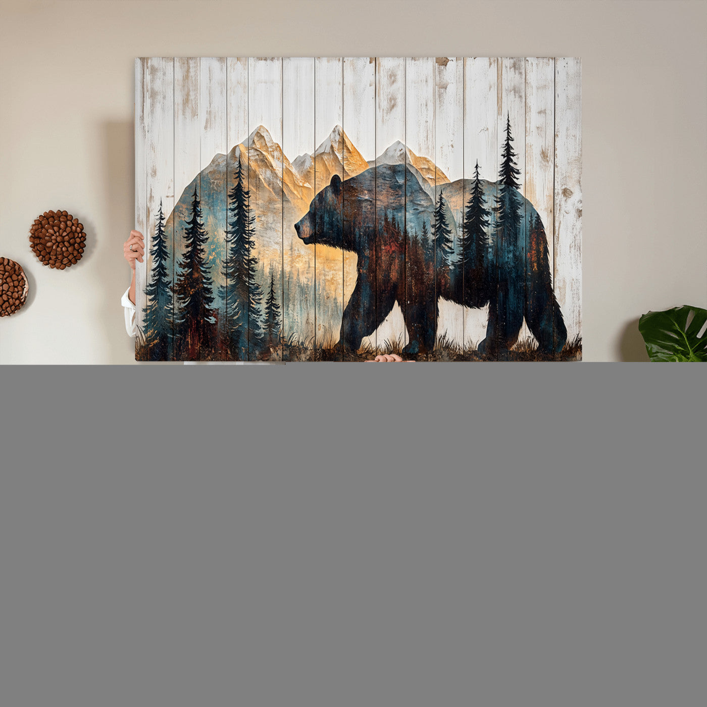 90077-MGV-CV-36X24 - Rustic Bear Wall Art - Grizzly 399 Bear Wall Art - Mountain Wood Canvas Wall Art - Nature Theme