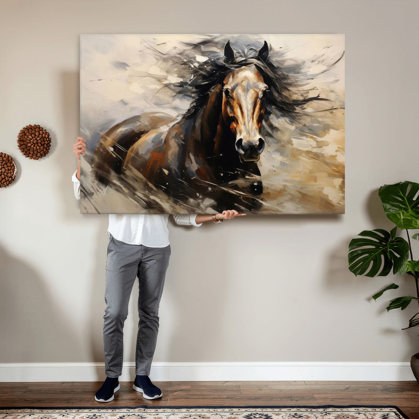 53001-MGV-CV-36X24 - Abstract Wall Art Horse Print - Large Western Horse Canvas - Farmhouse Woodland Wall Art - Framed