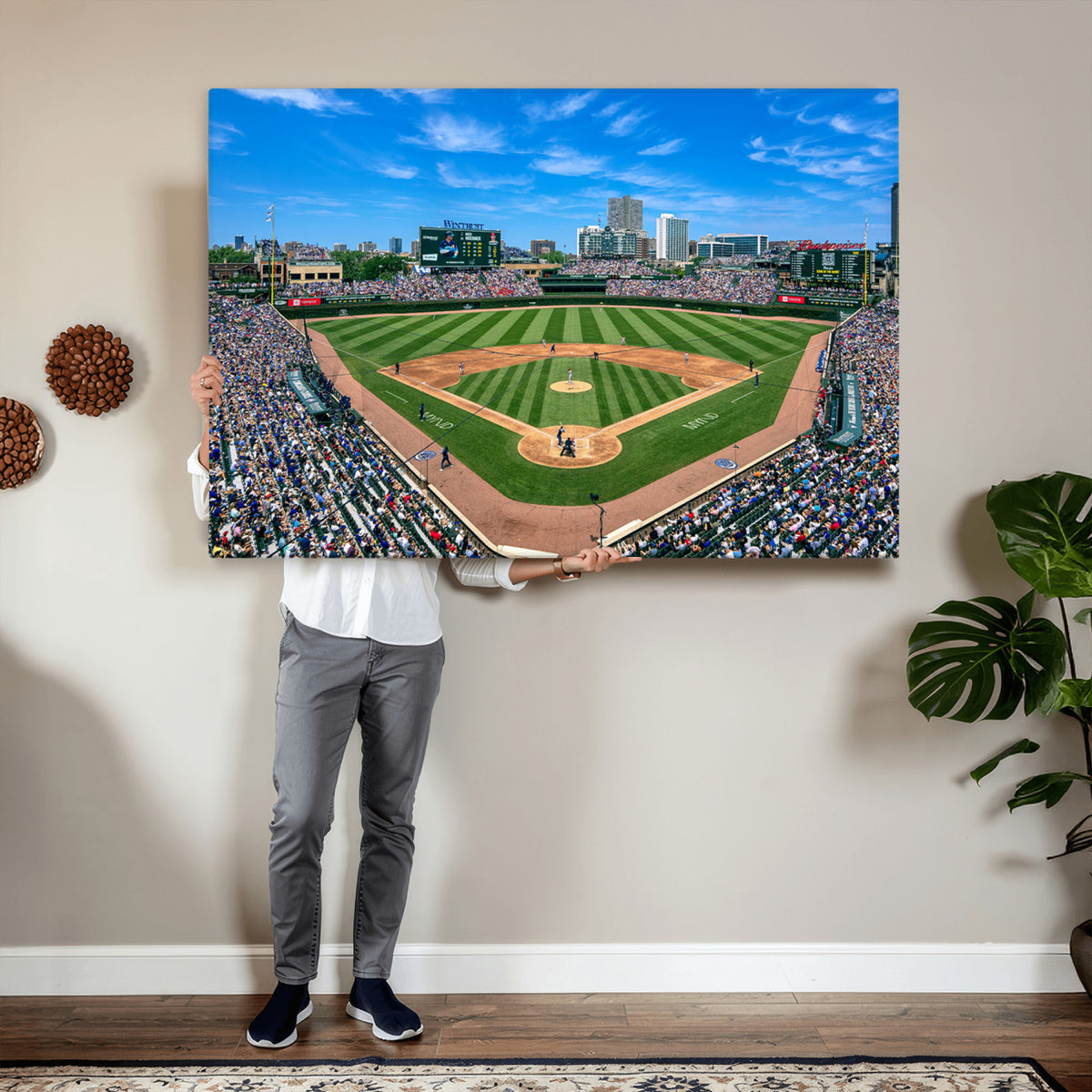 26064-MGV-CV-36X24 - Wrigley Field Chicago Cubs Wall Art Canvas Print Framed Panoramic Multi-Piece Iconic Baseball Stadium Artwork for Home, Office