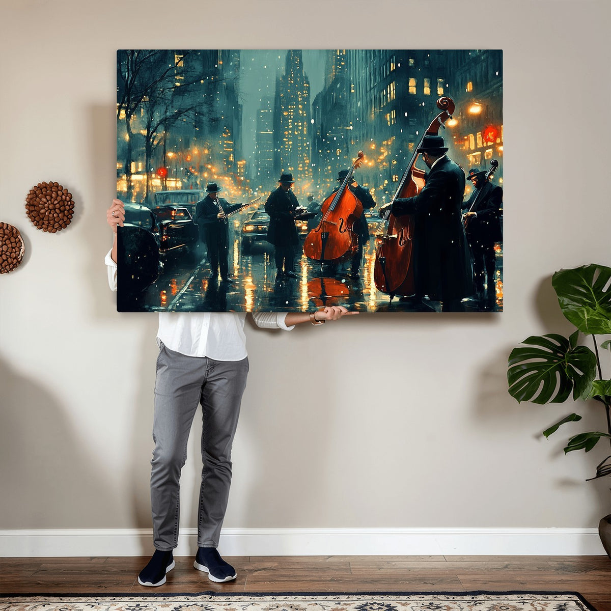 53391-MGV-CV-24X16 - Urban Night Jazz Wall Art Canvas Print | Moody Rain Soaked City Street Band Scene