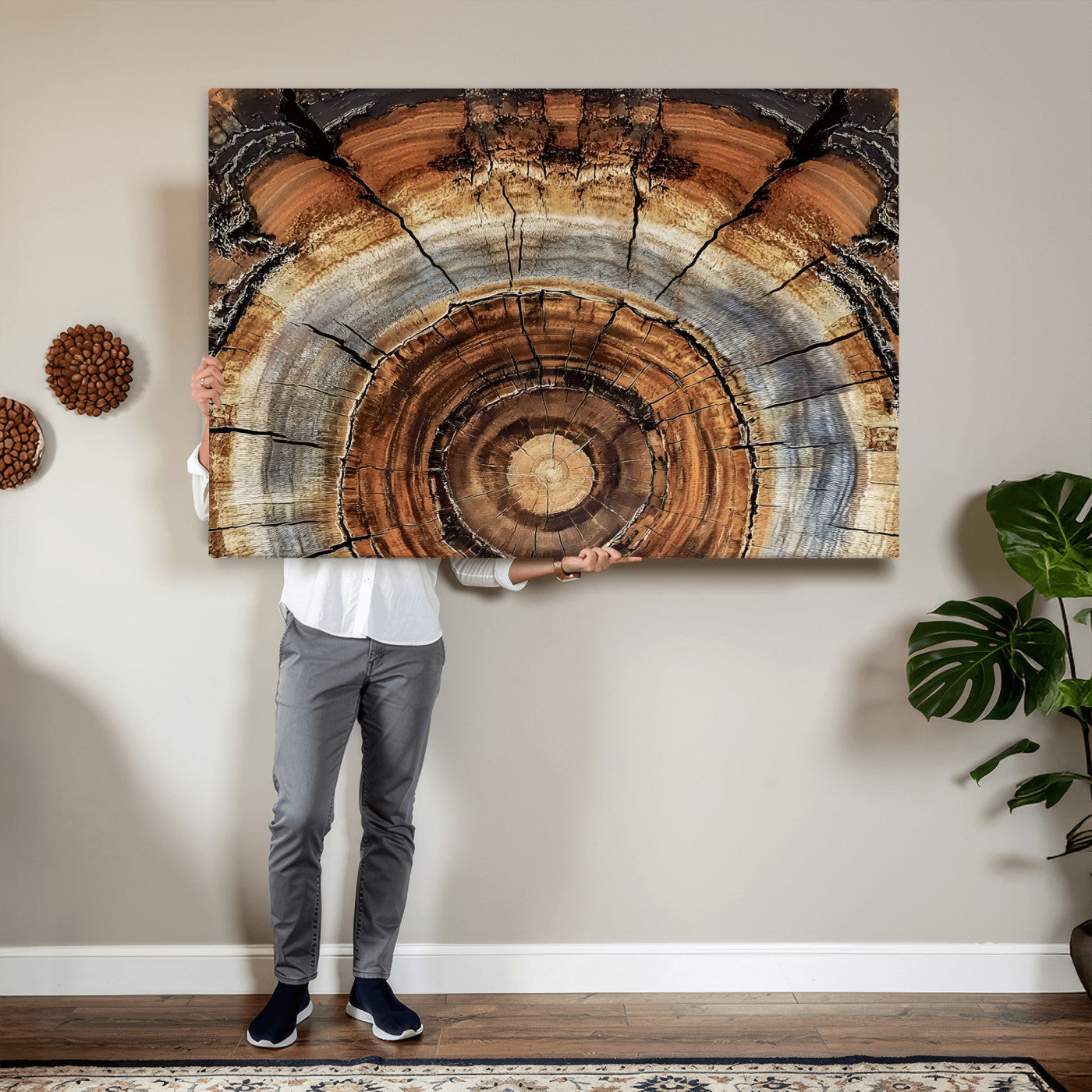 15184146-MGV-CV-36X24 - Tree Rings Wall Art Canvas Print, Framed Wood Texture Art Picture Print, Rustic Pattern Perfect Rustic Organic Decor Artwork