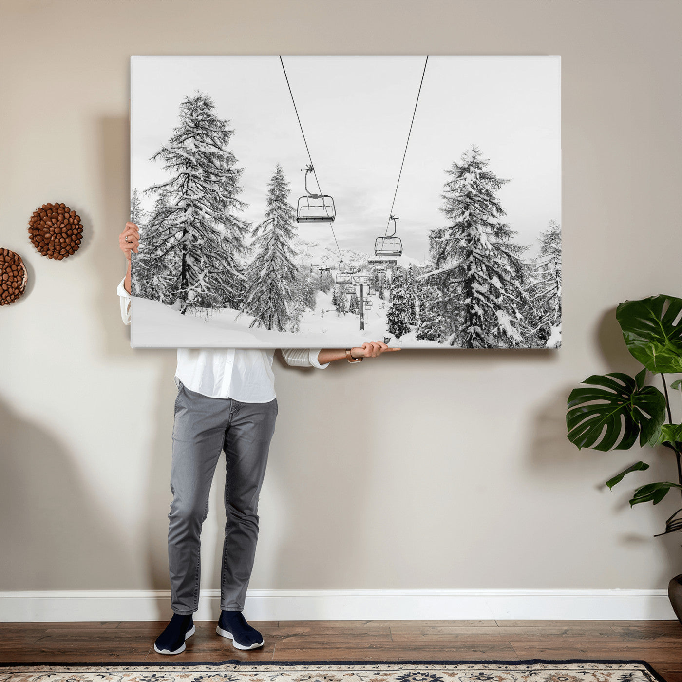 55003599-MGV-CV-36X24 - Snowy Ski Lift Wall Art – Framed Winter Forest Canvas Artwork, Peaceful Mountain Design, Modern Nature Decor for Home, Office