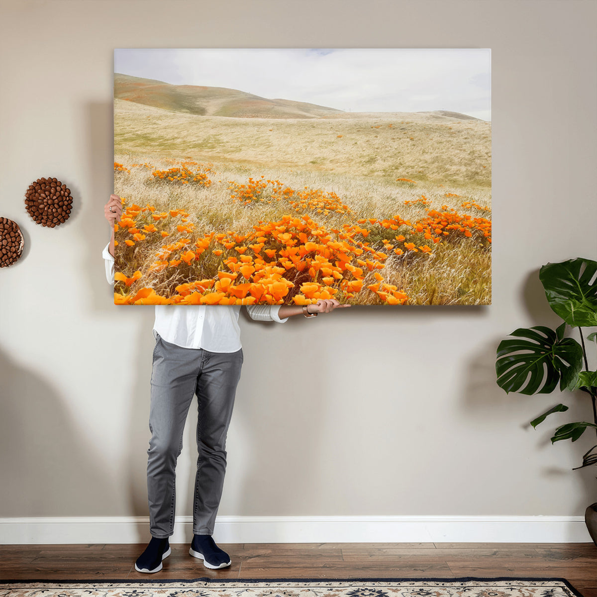 28972262-_Poster-30x20 - Golden Wildflowers Wall Art Canvas Print, Framed Hills and Poppy Meadow Scene