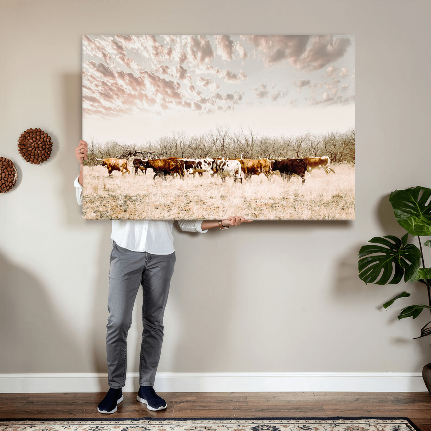 64892775-MGV-CV-36X24 - Longhorn Cattle Wall Art Canvas Print, Framed Texas Ranch Art Picture Print, Western Cow Perfect Western Decor Artwork