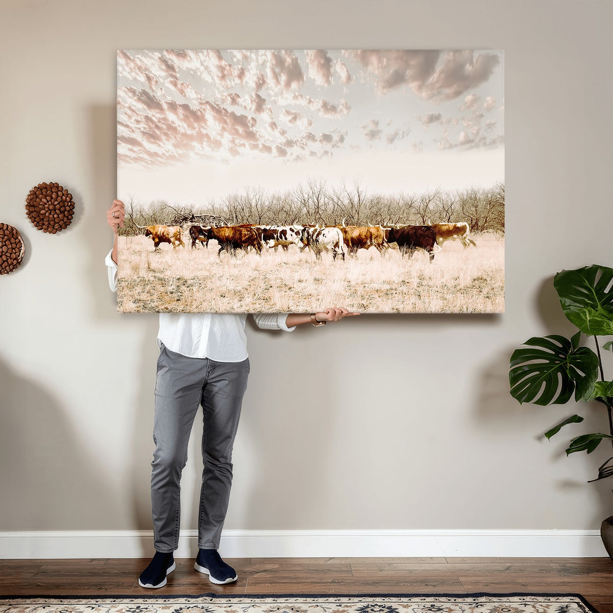 64892775-MGV-CV-24X16 - Longhorn Cattle Wall Art Canvas Print, Framed Texas Ranch Art, Western Cow Print, Prairie Landscape Decor