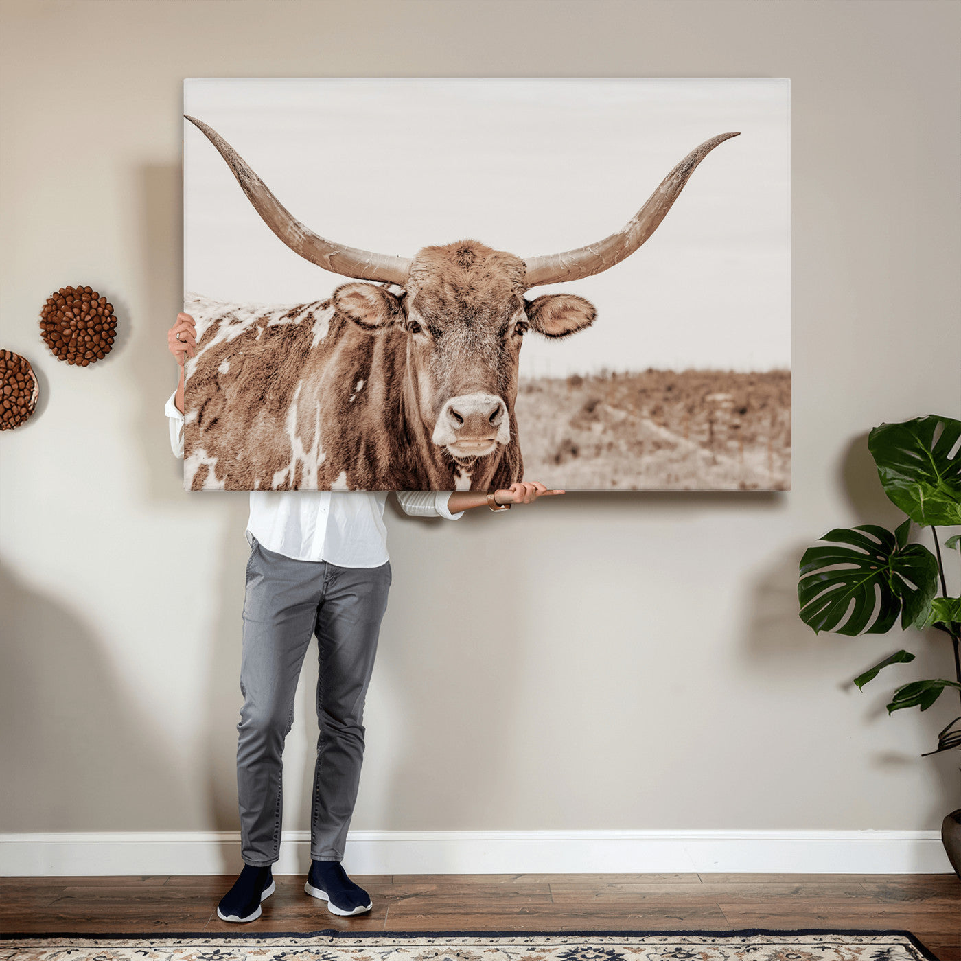 39964150-MGV-CV-36X24 - Longhorn Cow Wall Art Canvas Print, Texas Ranch Print, Framed Western Bull Art Print, Large BigHorn Cowboy Printing Perfect for County Decor
