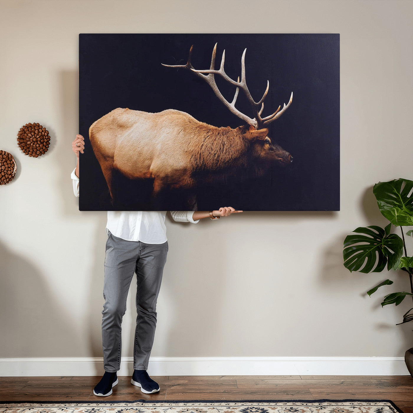 89239257-MGV-CV-36X24 - Rustic Elk Wall Art Canvas Print – Framed Moody Wildlife Art Picture Western Animal Artwork for Home, Office Decor