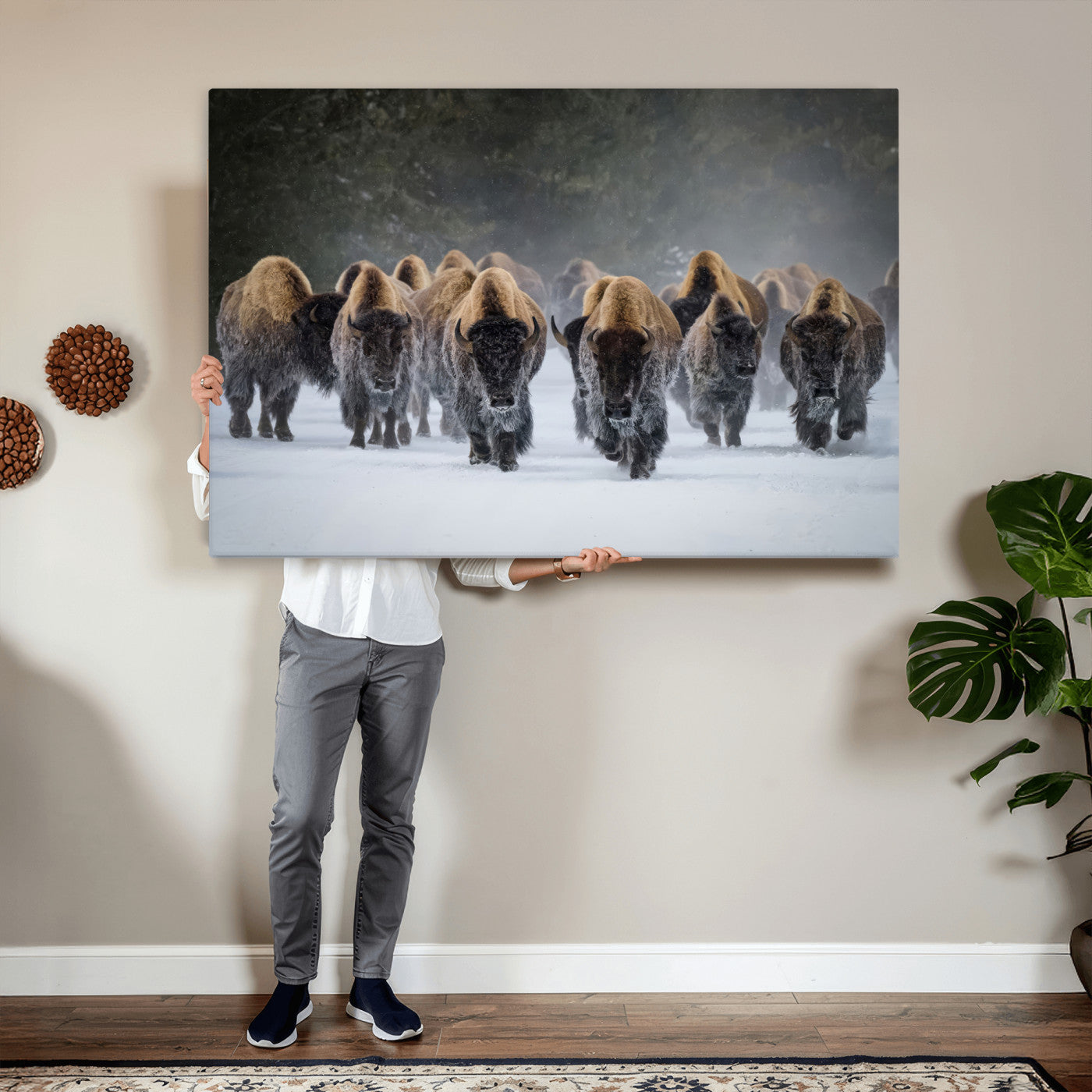 41669135-MGV-CV-36X24 - Winter Bison Herd Wall Art – Majestic Buffalo Charge Canvas Print with Snow Covered Plains, Rustic Wildlife Strength and Untamed Nature Decor for Home and Office