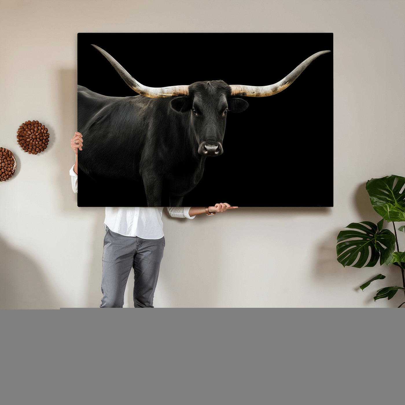 23572907-MGV-CV-36X24 - Texas Longhorn Wall Art Canvas Print, Framed Rustic Western Art Picture Print, Farmhouse Animal Perfect Modern Western Minimalist Decor Artwork