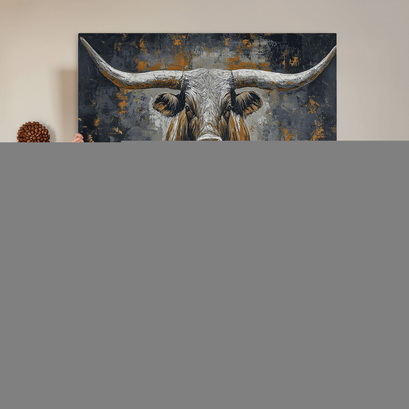 73972561-MGV-CV-36X24 - Bold Bull Wall Art Canvas – Striking Portrait with Wide Horns and Rich Brown Hues, Rustic Farmhouse and Western Decor for Home Room