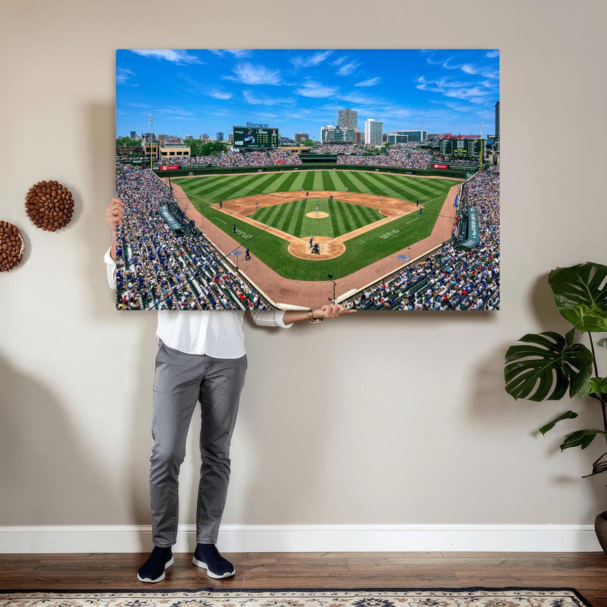 35800083-MGV-CV-36X24 - Wrigley Field Baseball Stadium Canvas Wall Art, Packed Crowd and Chicago Skyline