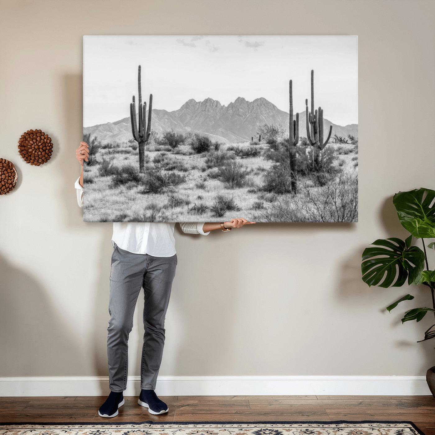 97436PHN-MGV-CV-36X24 - Black White Arizona Desert Canvas Wall Art Cactus Farmhouse Wall Art