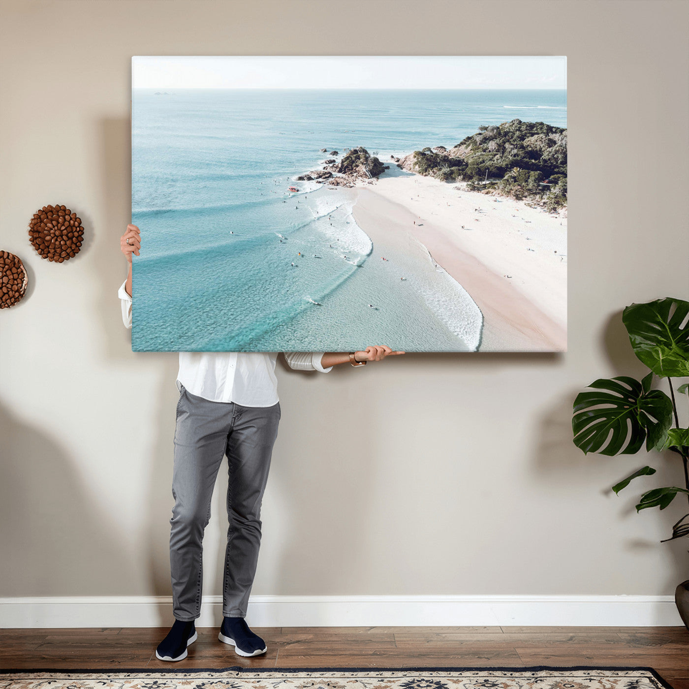 79395467-MGV-CV-36X24 - Aerial Beach Wall Art Canvas Print, Coastal Ocean Waves and Surfers Scenic Seaside Artwork for Home, Office Decor