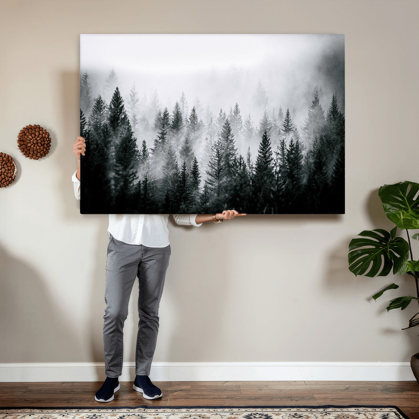 87750525-MGV-CV-36X24 - Foggy Forest Wall Art Canvas Print – Mountain Woodland Landscape Photography for Minimal Nature Home Decor