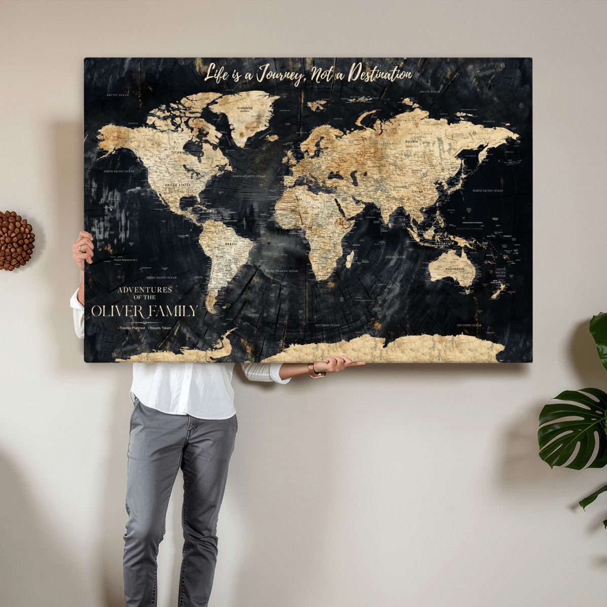 20317961-MGV-CV-36X24 - Customized Push Pin World Map Wall Art Canvas Print with Pins, Framed Personalize Travel Tracker Map, World Map for Living Room and Office Decor