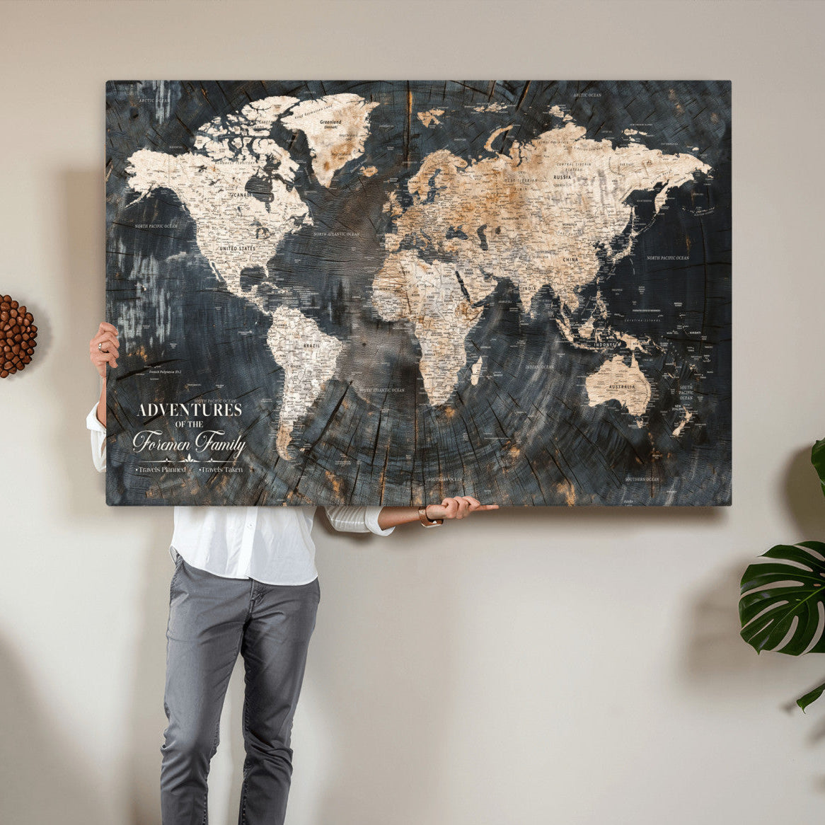 74461965-MGV-CV-36X24 - Customized Push Pin World Map Wall Art Canvas Print with Pins, Framed Personalize Travel Tracker Map, World Map for Living Room and Office Decor