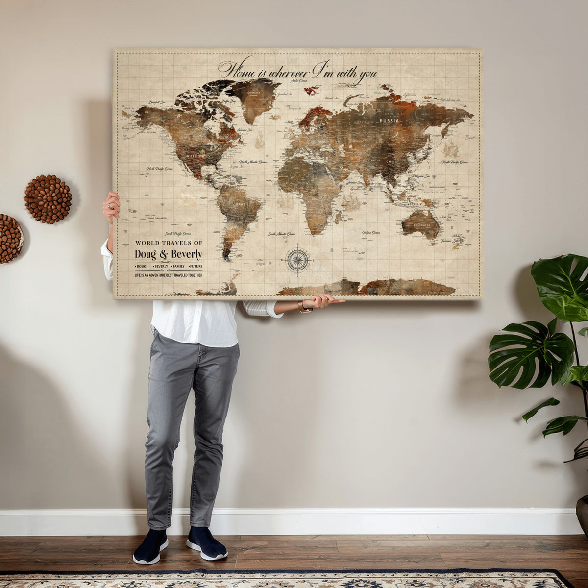 94399474-MGV-CV-36X24 - Large Custom Framed Beige Vintage World Travel Map Wall Art with Pins, Couples Countries Visited Map, Living Room and Hallway Decor