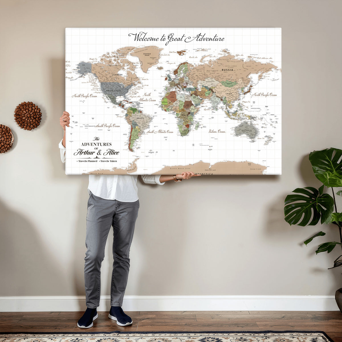 85396539-MGV-CV-36X24 - Custom Beige Push Pin World Map Wall Art, Bucket List Map, Study and Hallway Decor