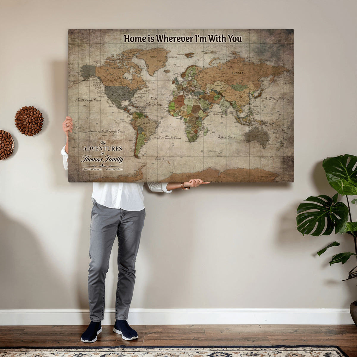 22593671-MGV-CV-36X24 - Personalized Beige Geometric World Map Canvas with Push Pins, Next Trip Planner Map, Study and Entryway Decor