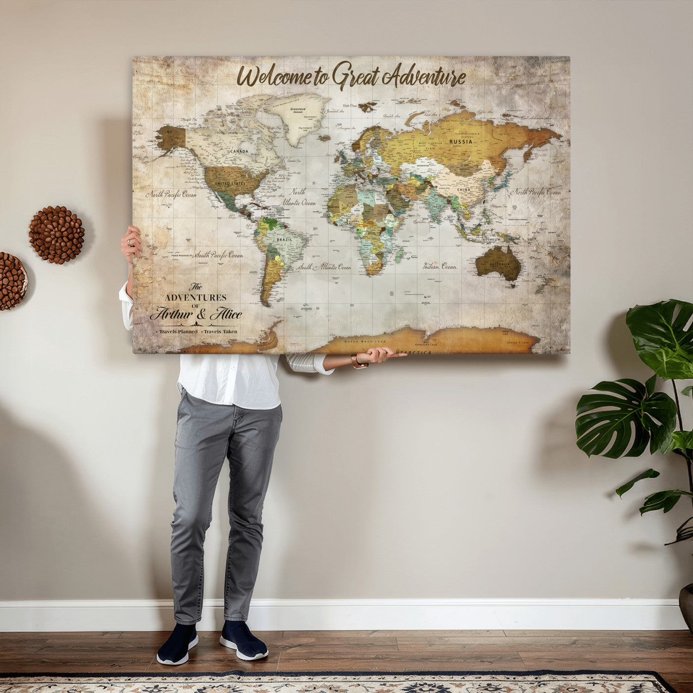 33043195-MGV-CV-36X24 - Custom Push Pin World Map Wall Art Canvas Print – Personalized Travel Tracker with Pins Framed Large for Home and Office Decor