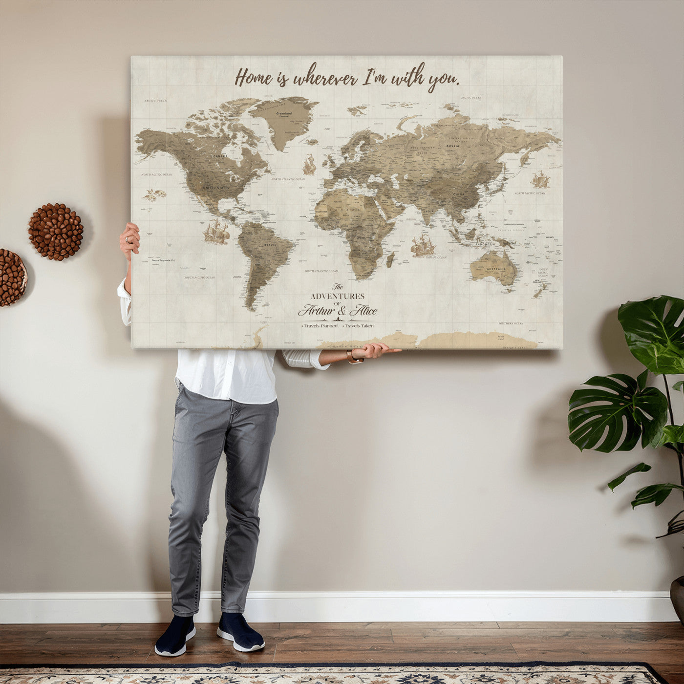 61351027-MGV-CV-36X24 - Custom Push Pin World Map Wall Art Canvas Print – Personalized Travel Tracker with Pins Framed Large for Home and Office Decor