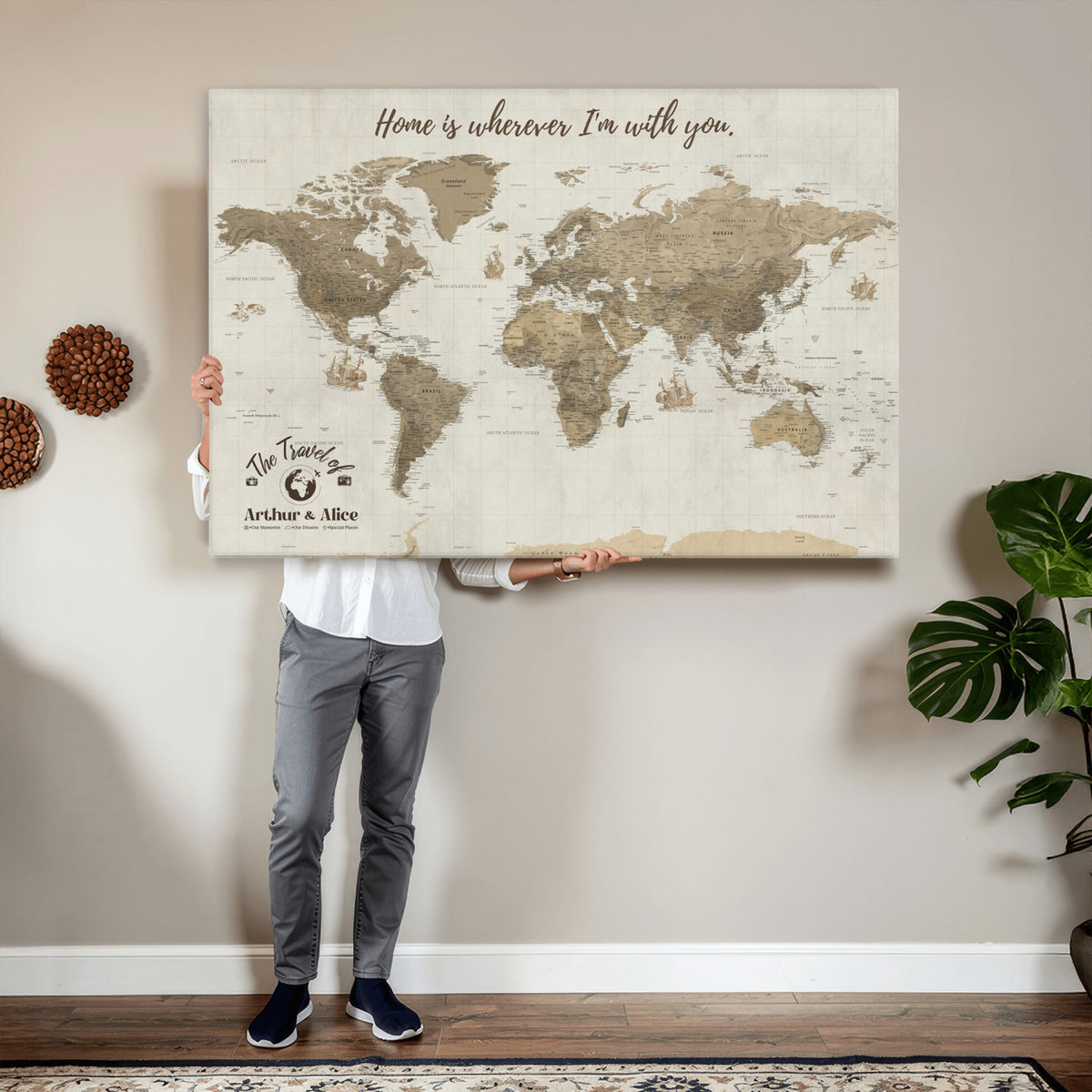 61351027-MGV-CV-36X24 - Custom Push Pin World Map Wall Art Canvas Print | Personalized Travel Tracker with Pins - NEWMAP-11