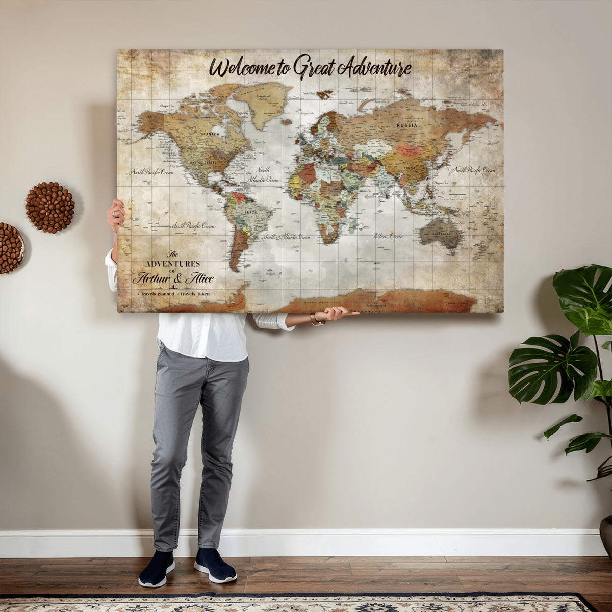 22906161-MGV-CV-36X24 - Personalized Beige Push Pin World Map Wall Art, Bucket List Map, Living Room and Family Room Decor