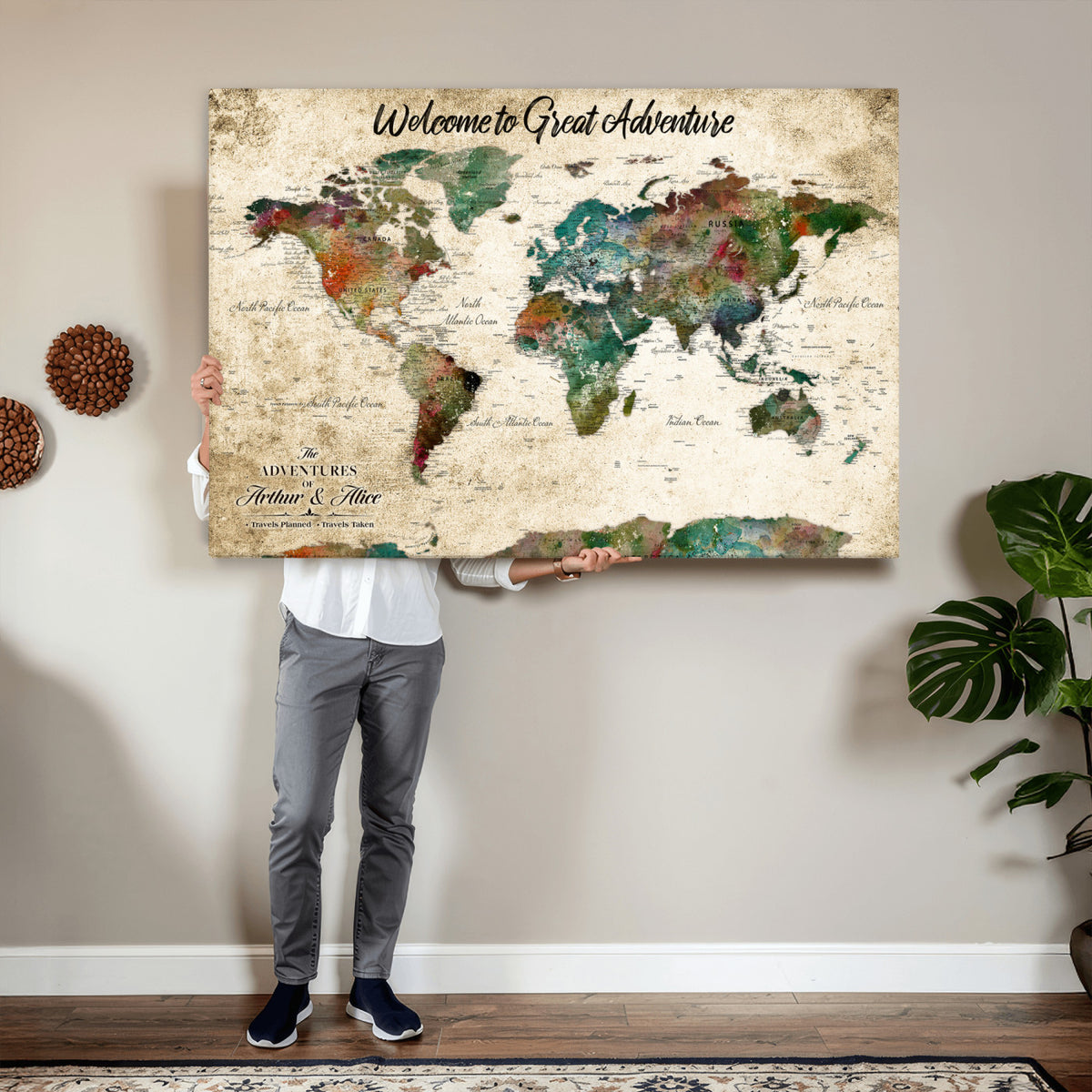 89225601-MGV-CV-36X24 - Personalized Beige Grunge World Map Canvas with Push Pins, Next Trip Planner Map, Family Room and Home Office Decor