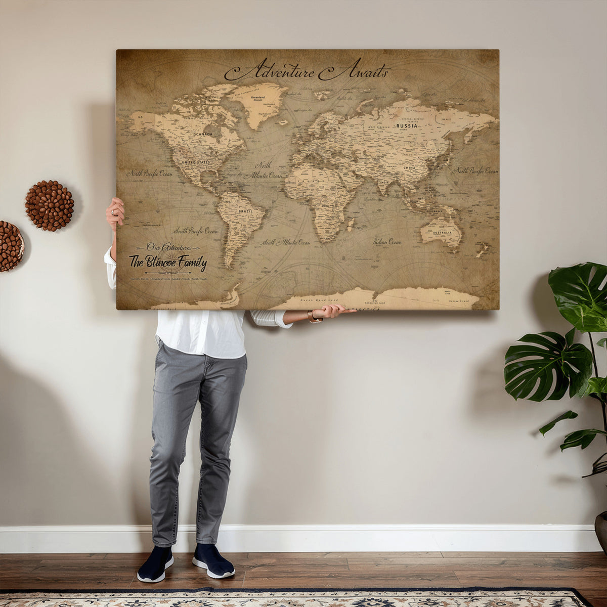 59418012-MGV-CV-36X24 - Personalized Framed Beige World Travel Map Wall Art with Pins, Family Travel Tracker, Family Room and Entryway Decor