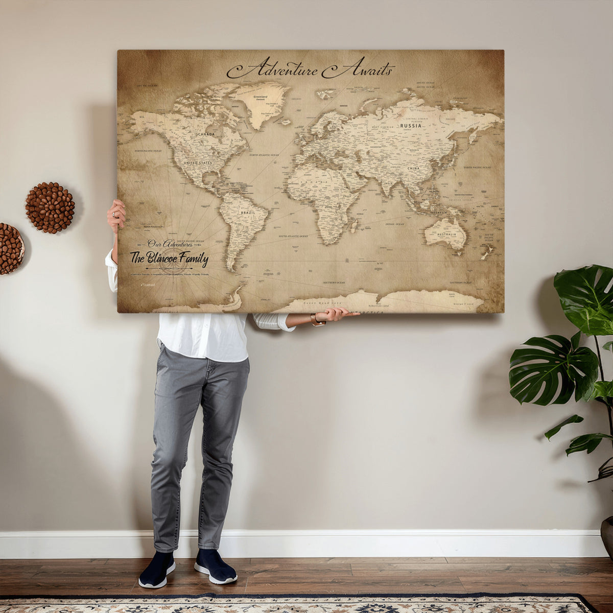 59757370-MGV-CV-36X24 - Personalized Black Modern Push Pin World Map Wall Art, Places Visited Tracker, Family Room and Bedroom Decor