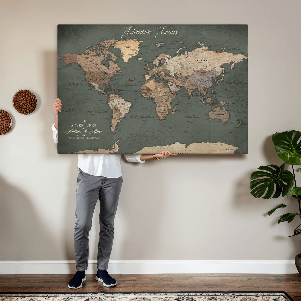 24734446-MGV-CV-36X24 - Personalized Framed Beige Modern World Map Canvas with Push Pins, Bucket List Map, Family Room and Dining Room Decor