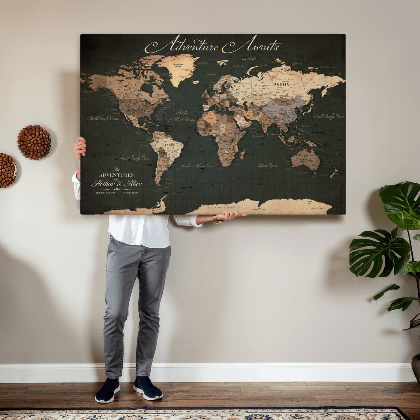 74987709-MGV-CV-36X24 - Custom Push Pin World Map Wall Art Canvas Print – Personalized Travel Tracker with Pins Framed Large for Home and Office Decor