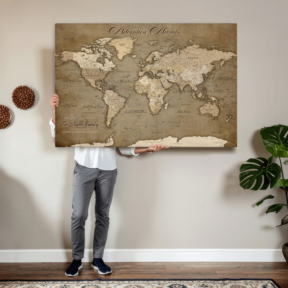 96775856-MGV-CV-36X24 - Custom Beige Modern Push Pin World Map Canvas Print, Family Travel Tracker, Dining Room and Home Office Decor