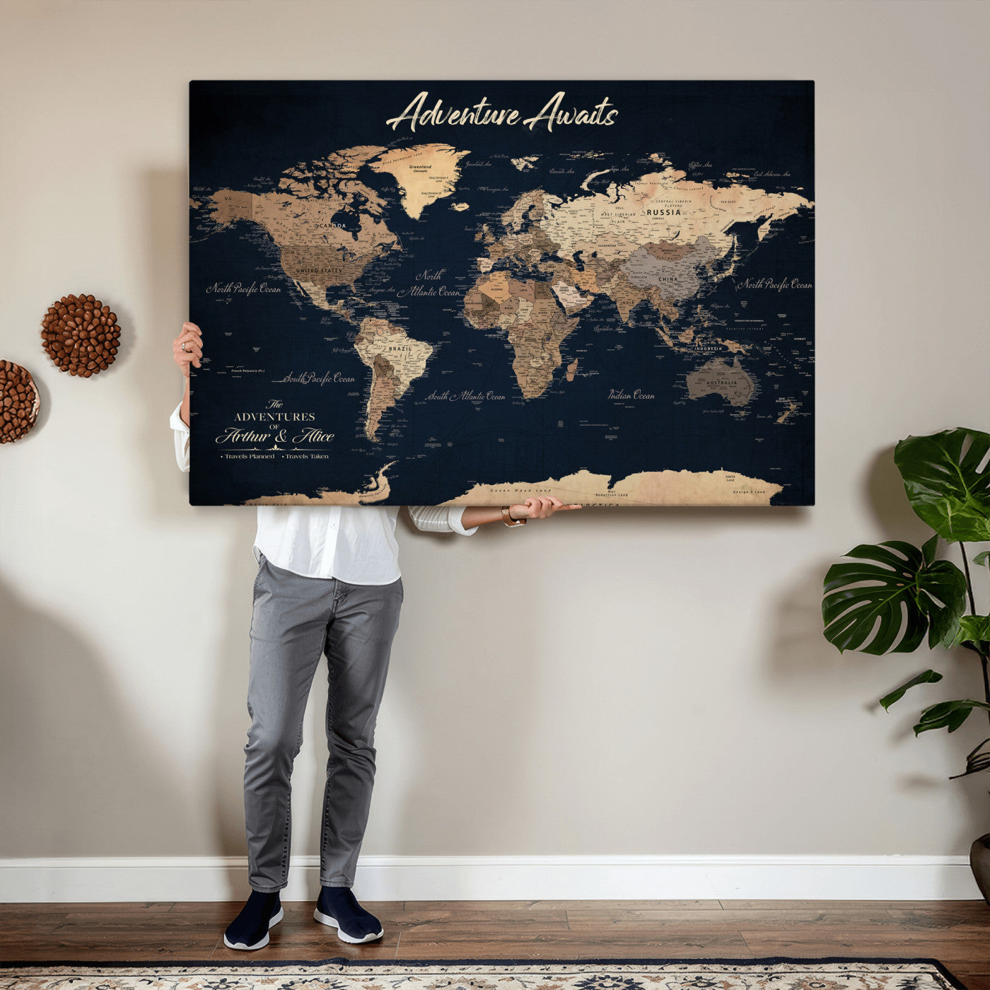 64110301-MGV-CV-36X24 - Custom Push Pin World Map Wall Art Canvas Print - Personalized Travel Tracker with Pins Framed Large for Home and Office Decor