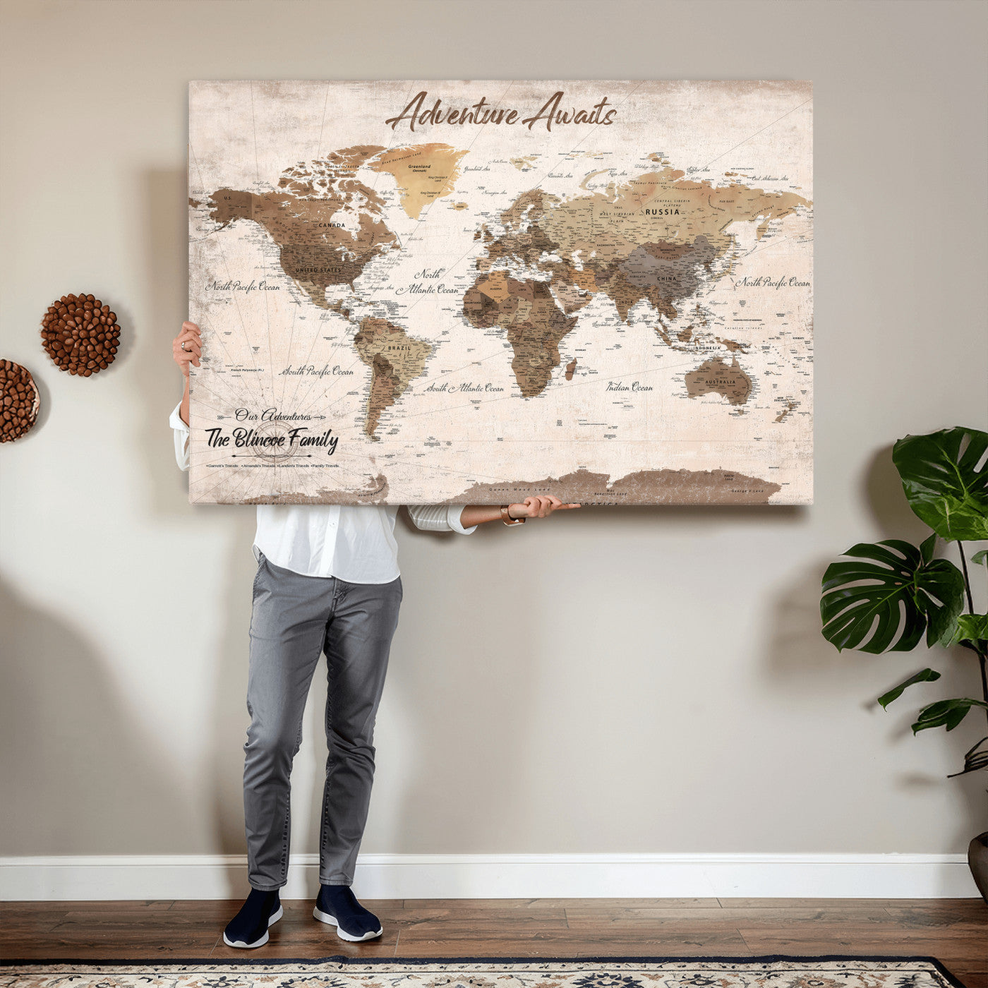 70887266-MGV-CV-36X24 - Custom Push Pin World Map Wall Art Canvas Print – Personalized Travel Tracker with Pins Framed Large for Home and Office Decor