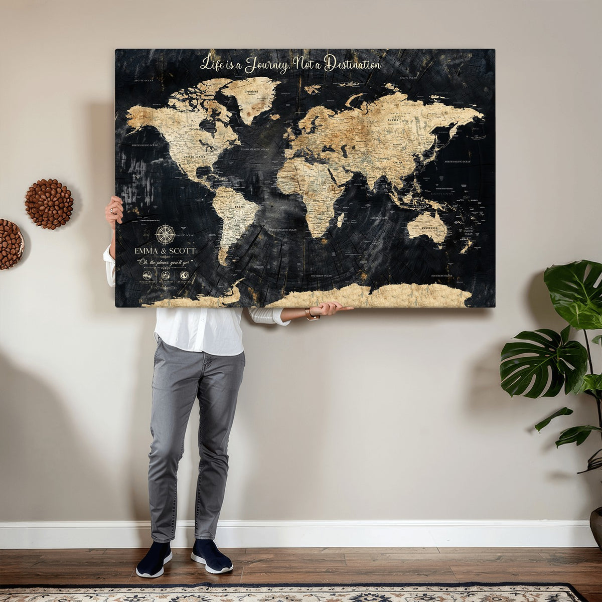 77472096-MGV-CV-36X24 - Custom Black Modern Push Pin World Map Wall Art, Next Trip Planner Map, Home Office and Entryway Decor